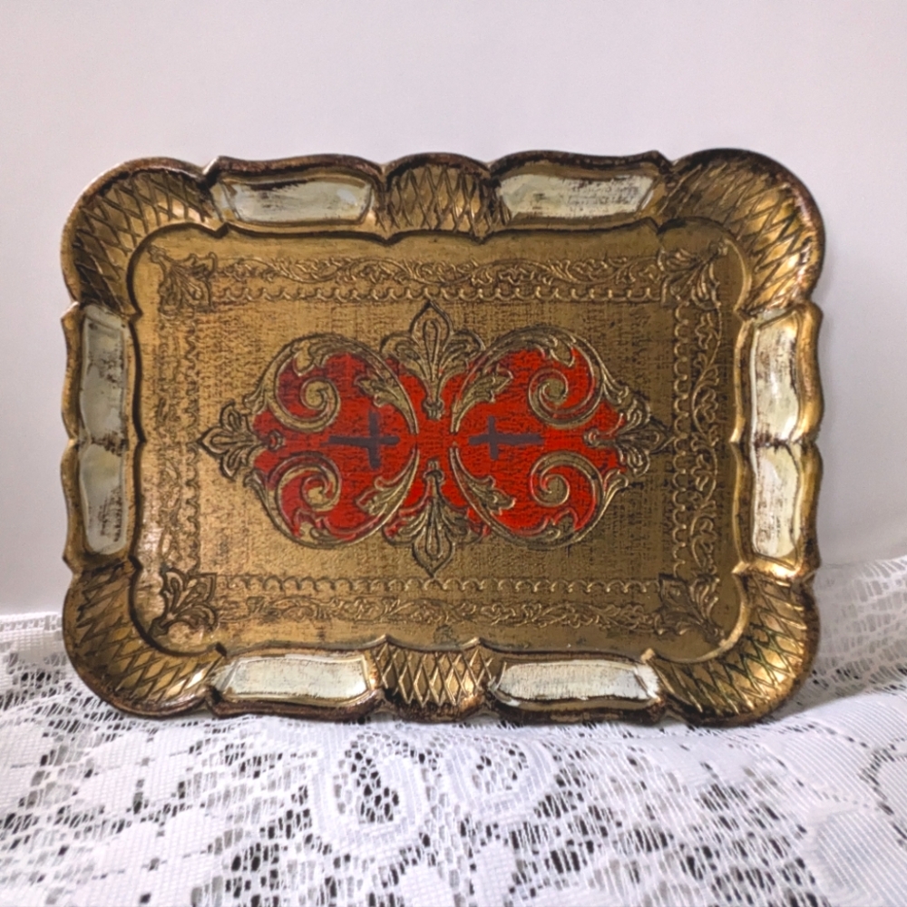 Vintage Italian Florentine Tray Hand Painted Gold Gilt Made in Italy Home Decor